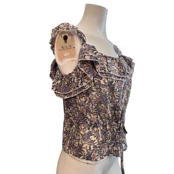 Ladies Small Purple Floral Sleeveless Blouse Smocked Ruffled Button Ties NWT - Picture 2 of 6